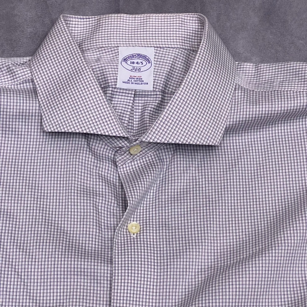 Brooks Brothers 346 Dress Shirt Mens 18 34/35 Purple Slim Fit Non-Iron Check